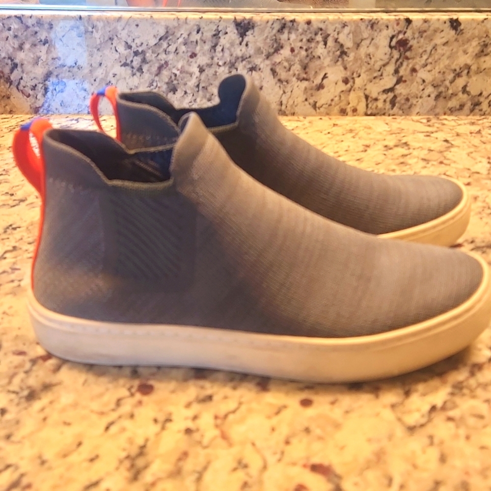 Rothy's Blue Ankle Boots with Orange Accents